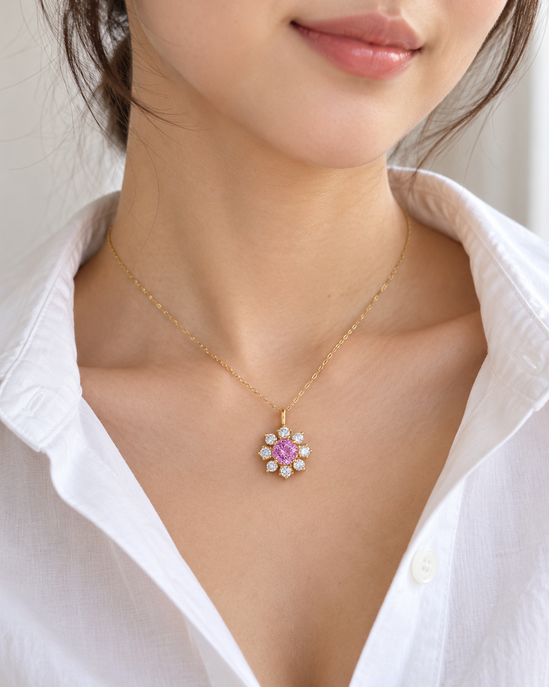Pink Floral Pendant — AI-generated wearing view