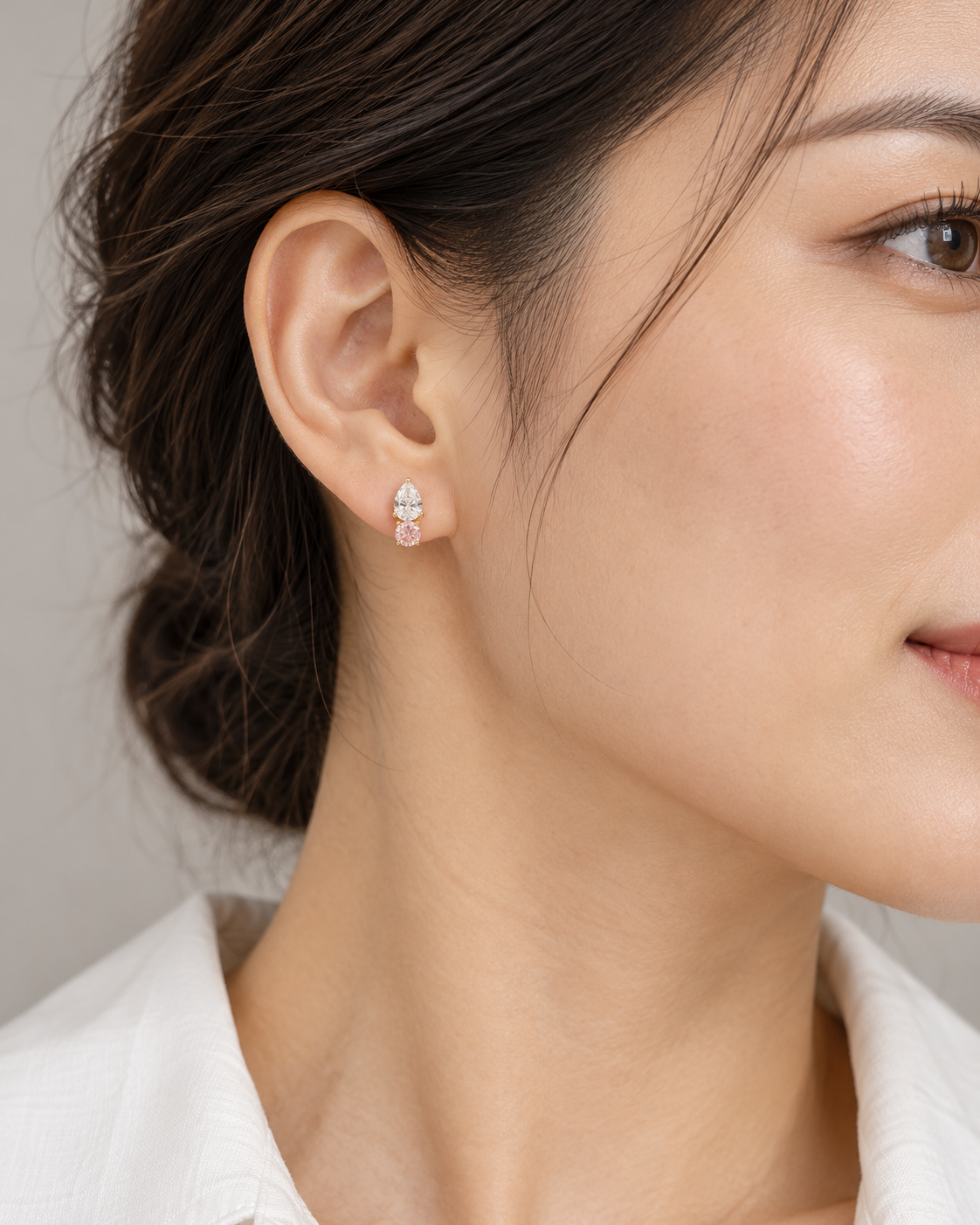 Pear & Pink Studs — AI-generated wearing view